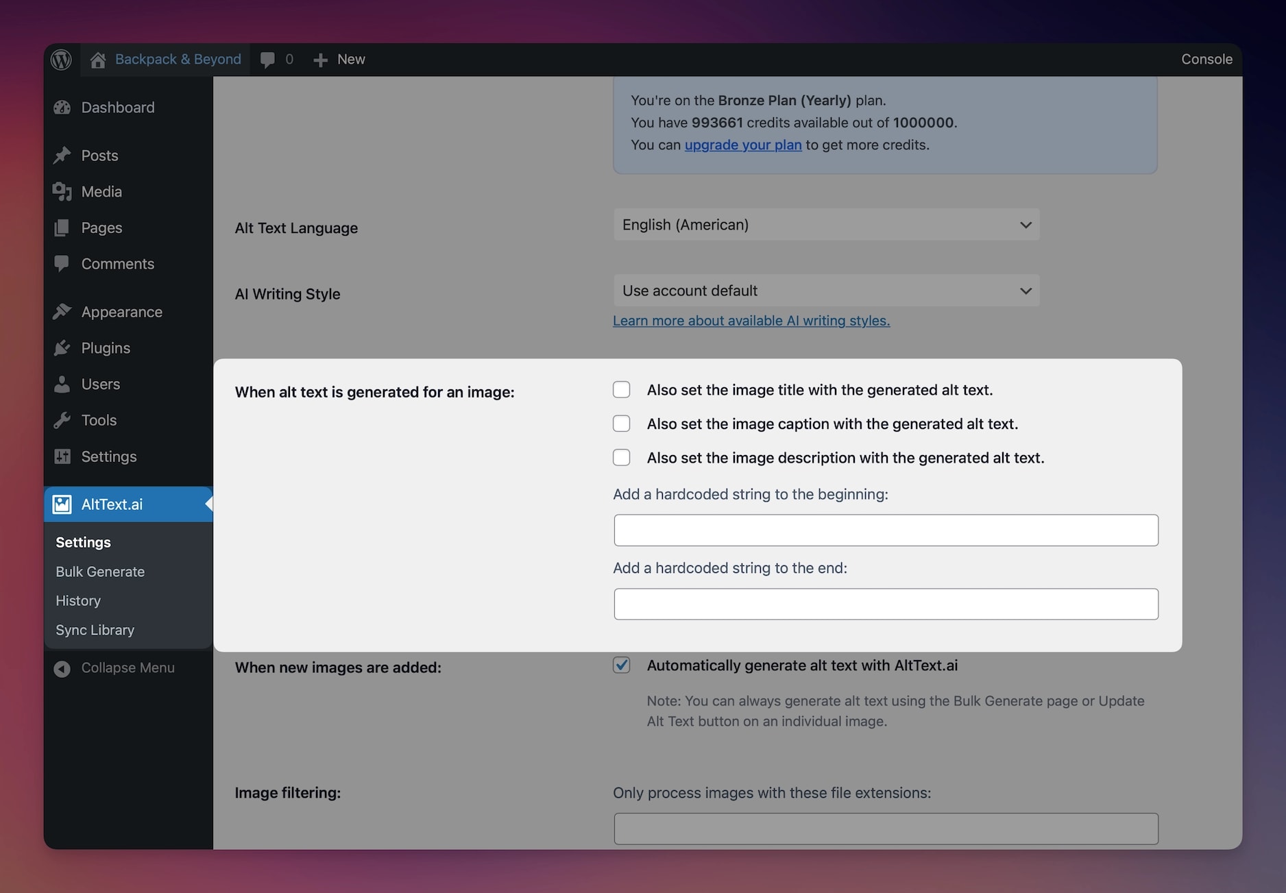 WordPress Additional Settings Screenshot
