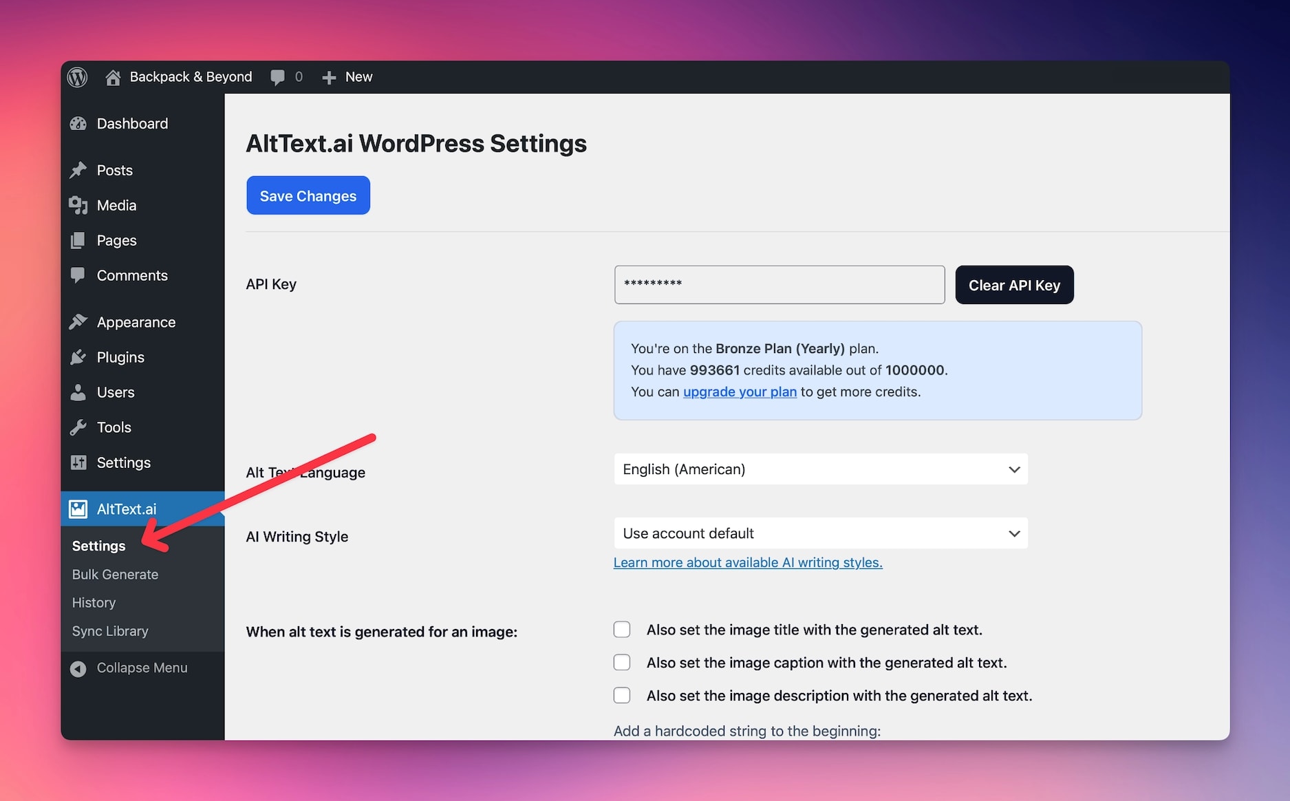 WordPress Settings Screenshot