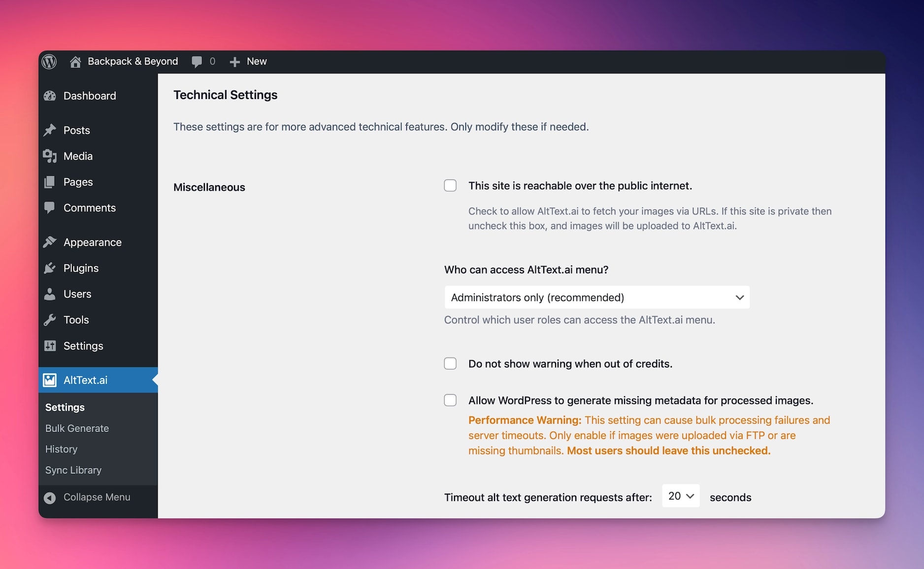 WordPress Technical Settings Screenshot
