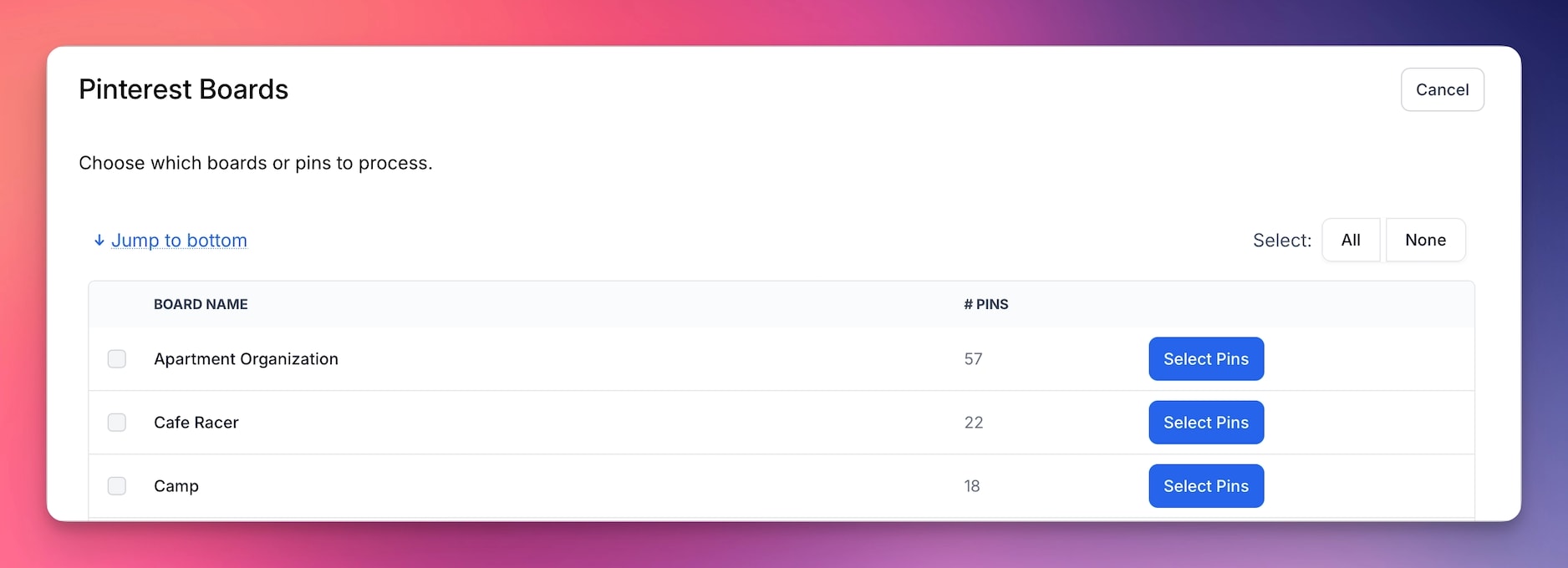 Importing from Pinterest