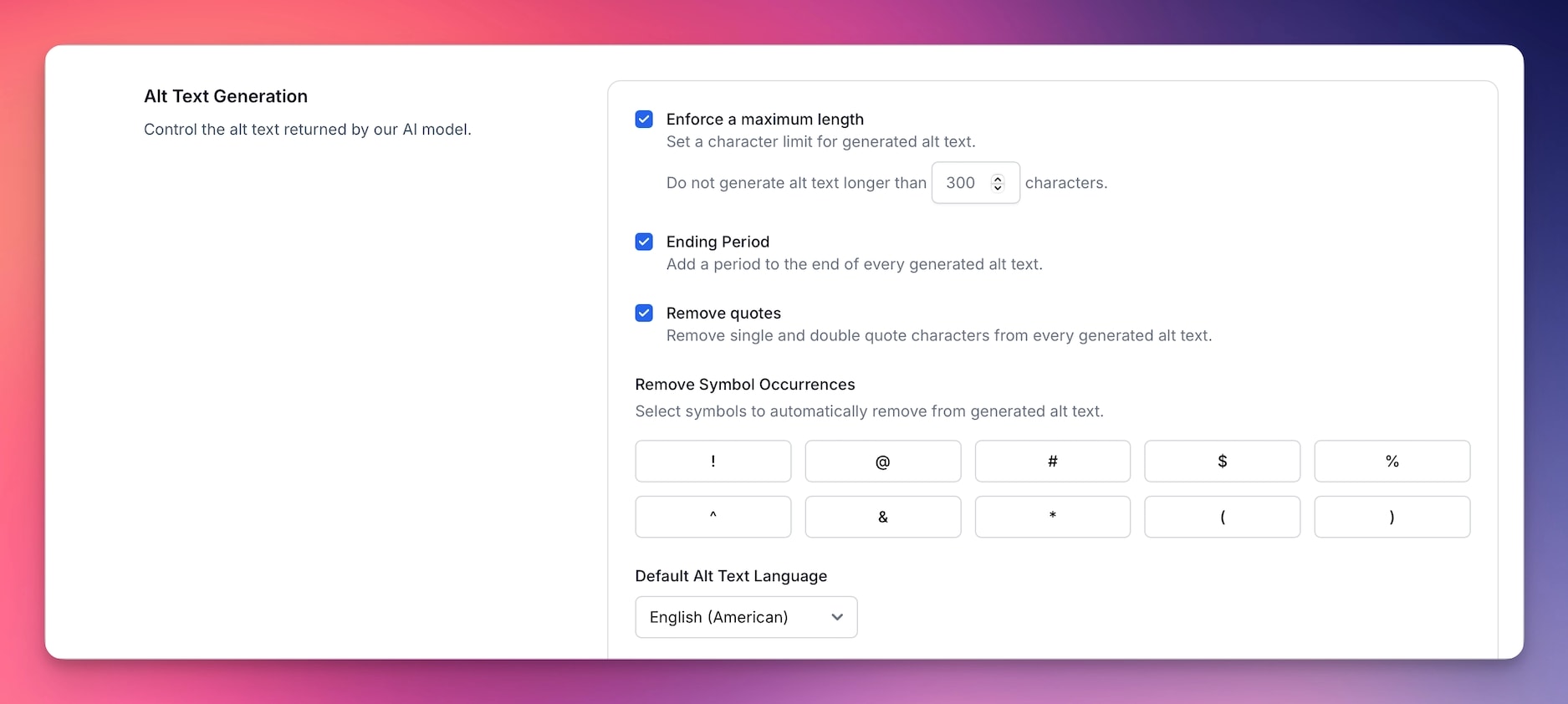 Text formatting options for generated alt text.