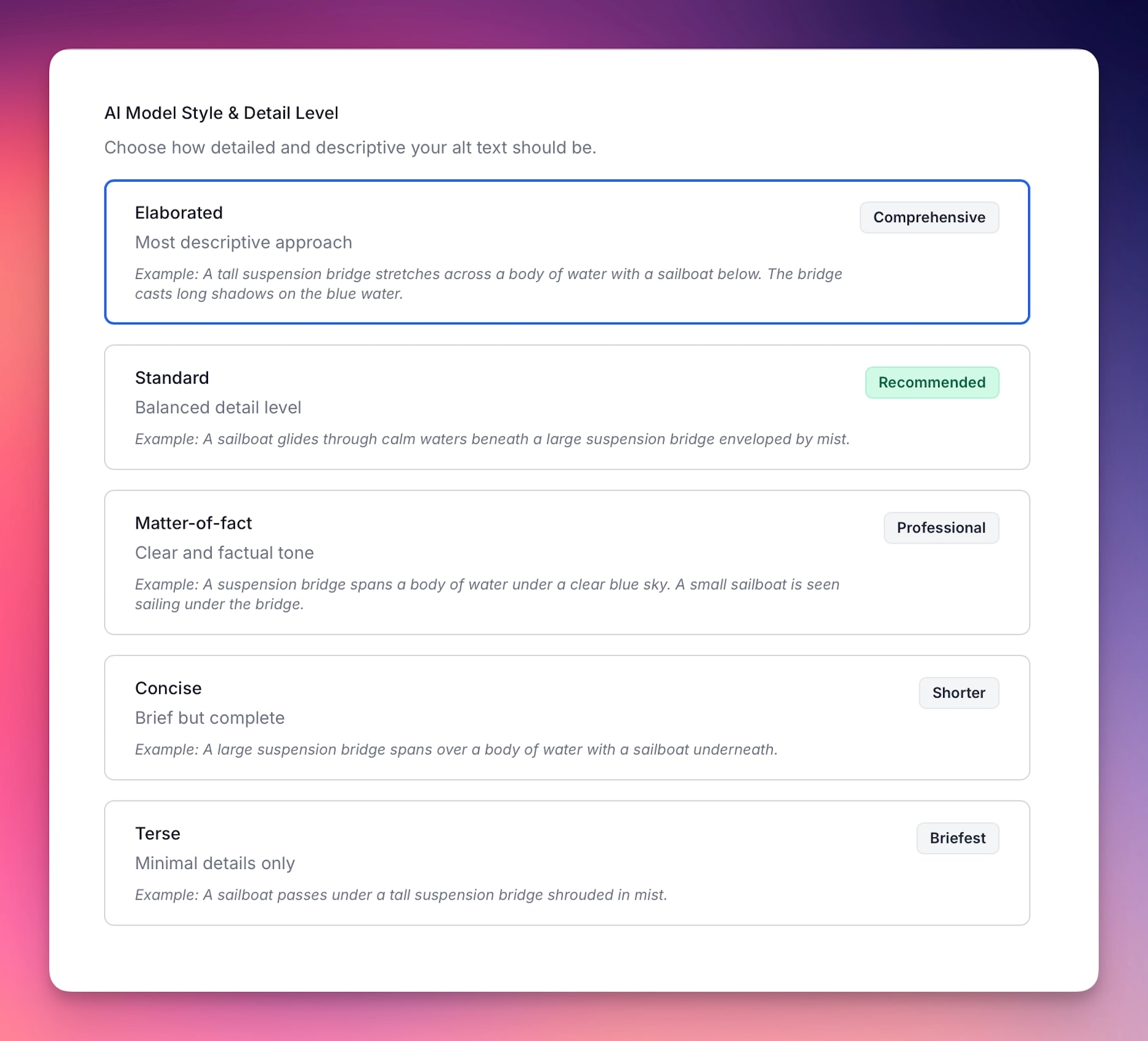 AI model and style settings.