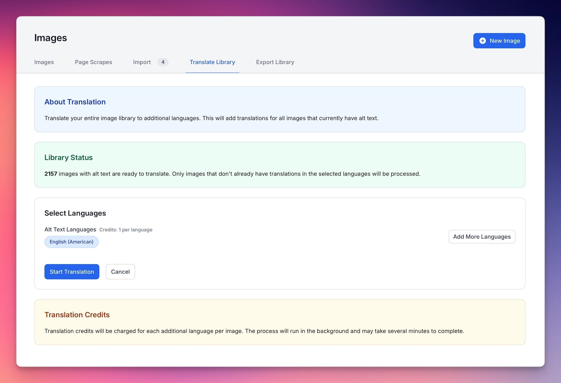 Translate Library interface for bulk language conversion.