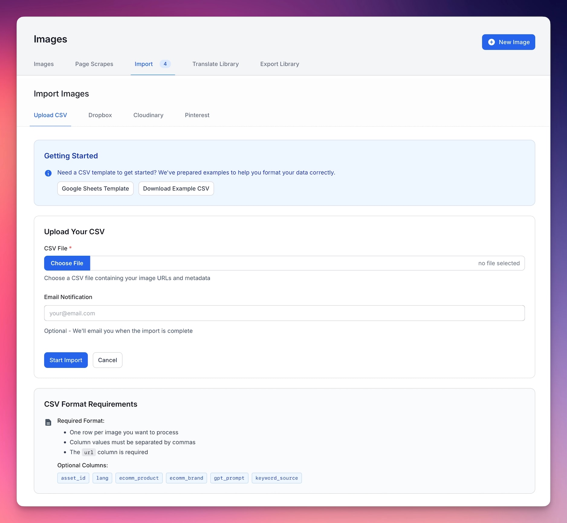 CSV import interface for bulk image processing.