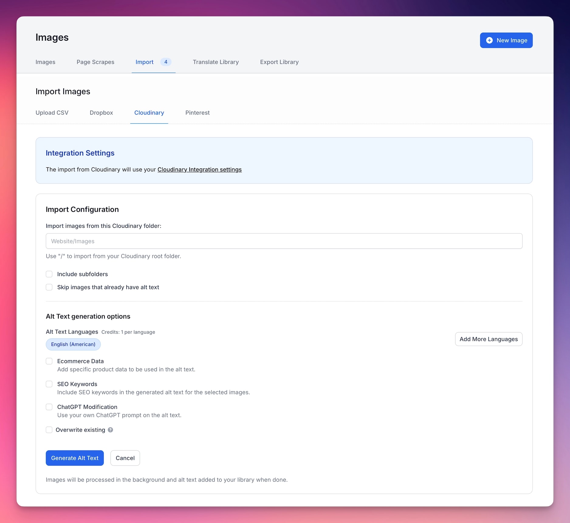 Cloudinary import settings for bulk processing.