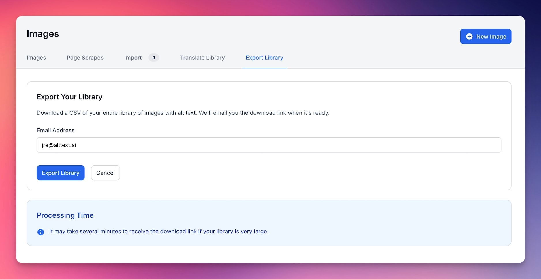 Export library interface for downloading alt text data.
