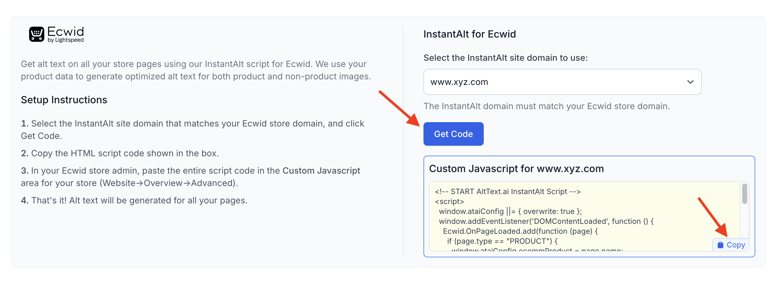 Selecting an InstantAlt site for your Ecwid store.