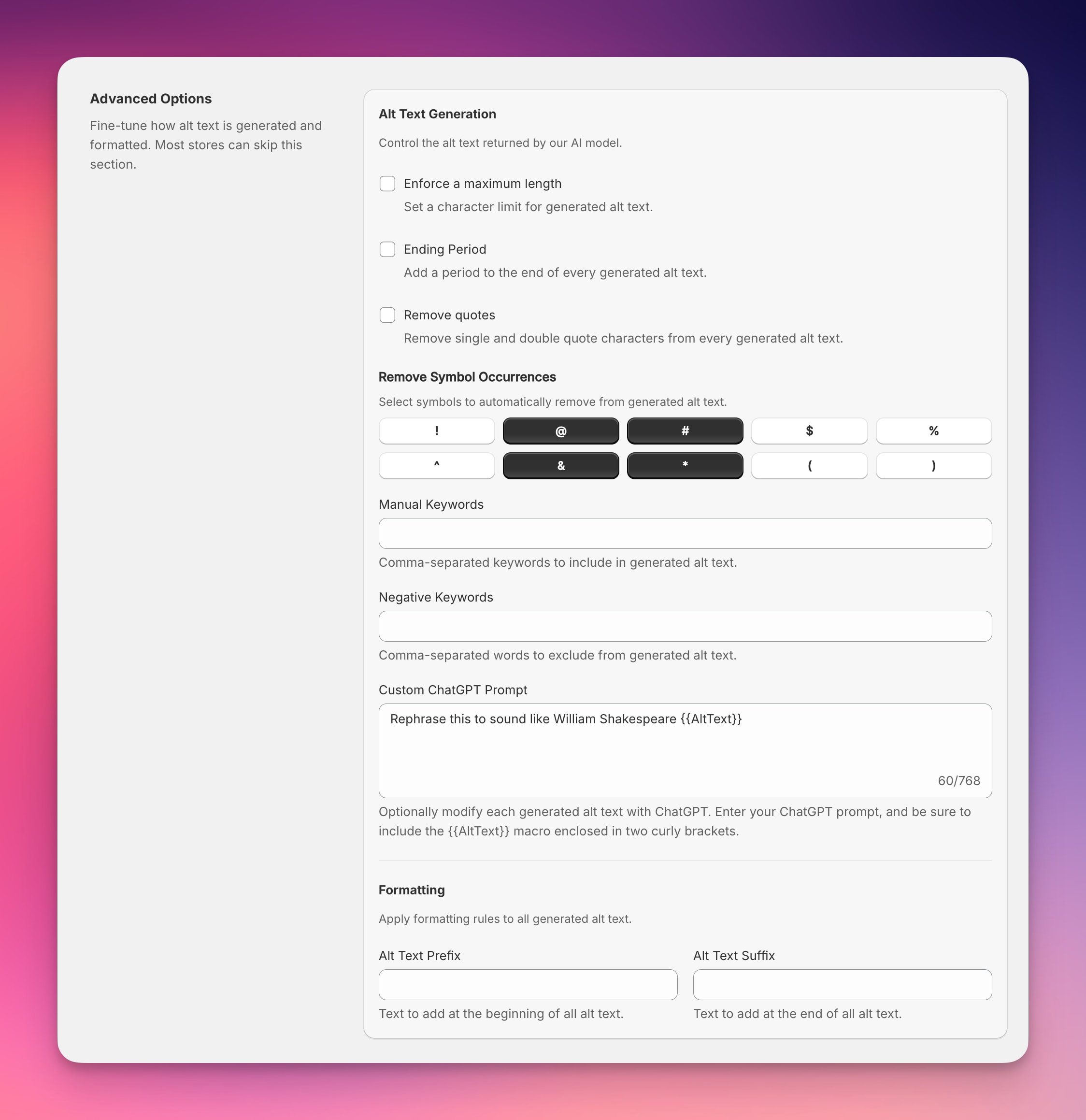 Advanced Options settings in the Shopify app.