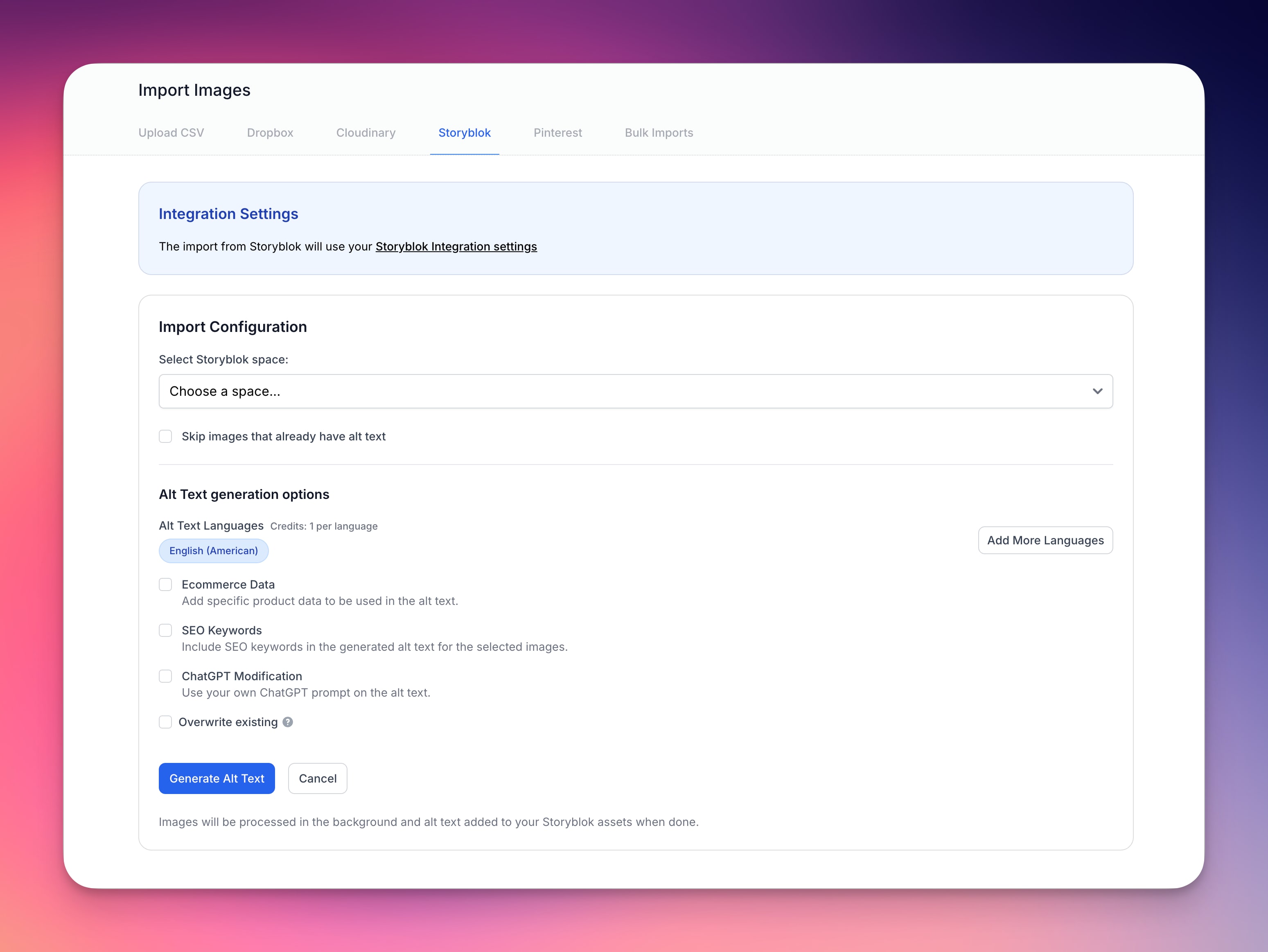 AltText.ai Storyblok bulk import configuration showing space selection, skip existing option, language selection, and generation options