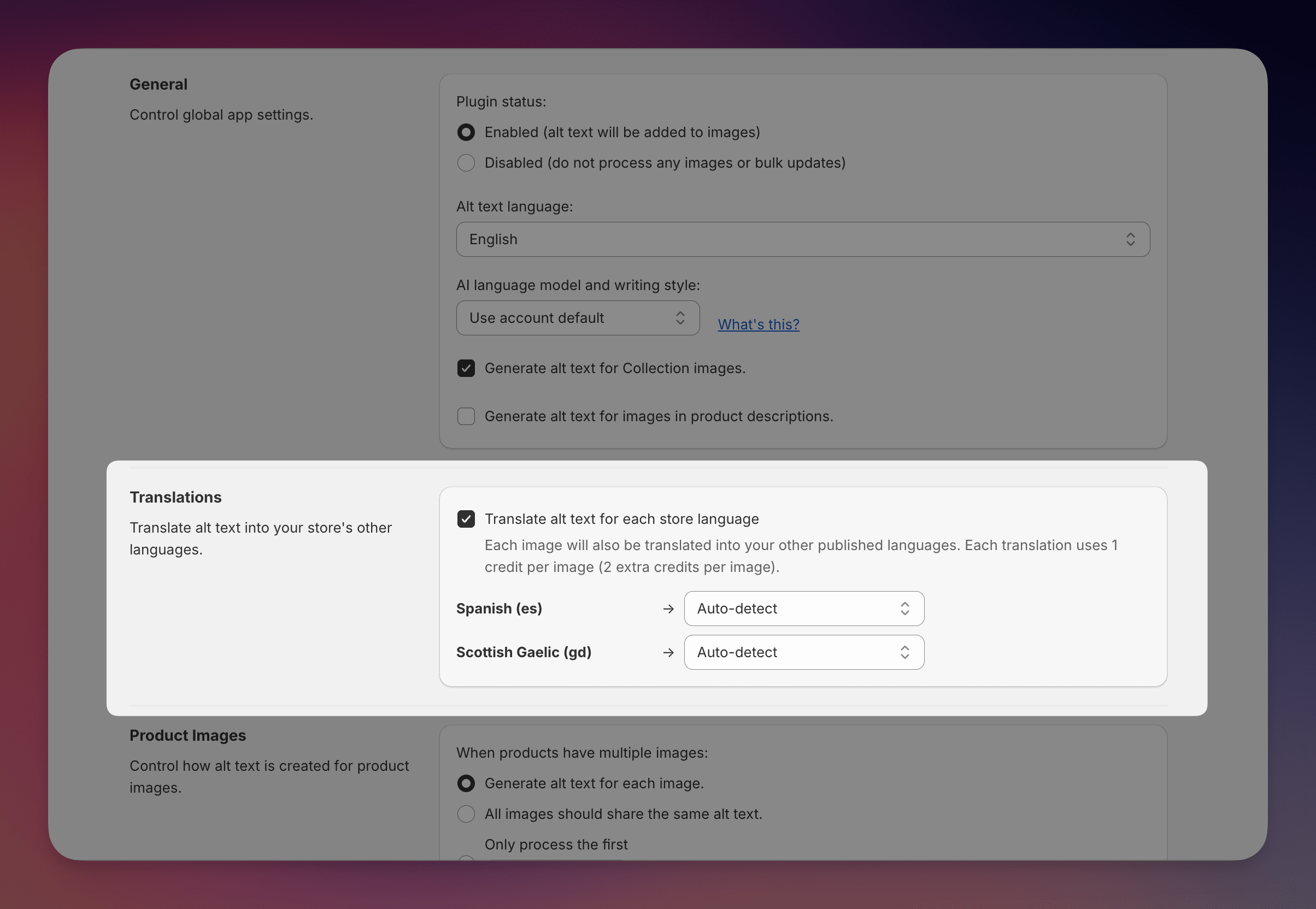 AltText.ai Shopify app settings page showing the Translations section with options to translate alt text for each store language, including Spanish and Scottish Gaelic with auto-detect AI model settings.