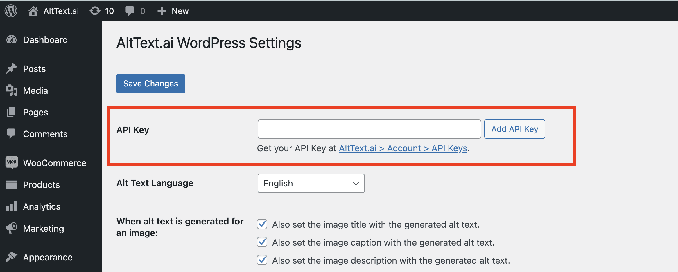 Screenshot of AltText.ai WordPress Plugin settings for API Key.