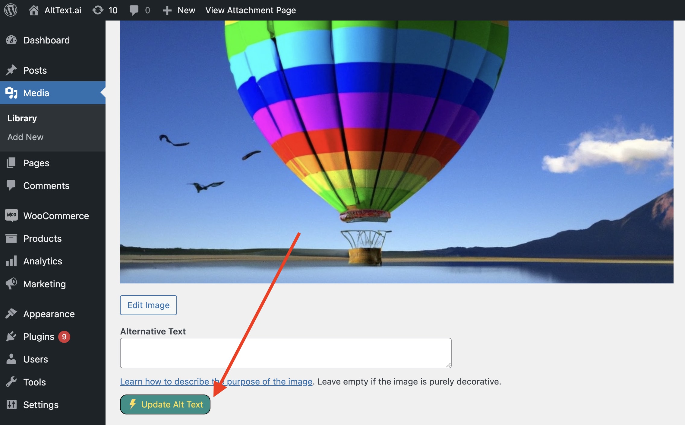 Screenshot of AltText.ai WordPress plugin Update Alt Text button.