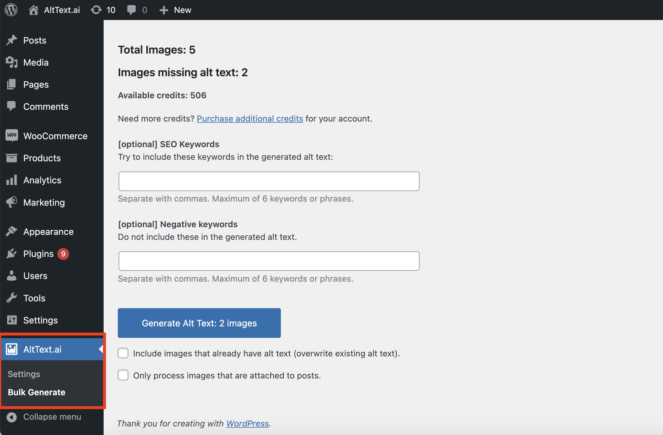 Screenshot of AltText.ai WordPress plugin Bulk Update.