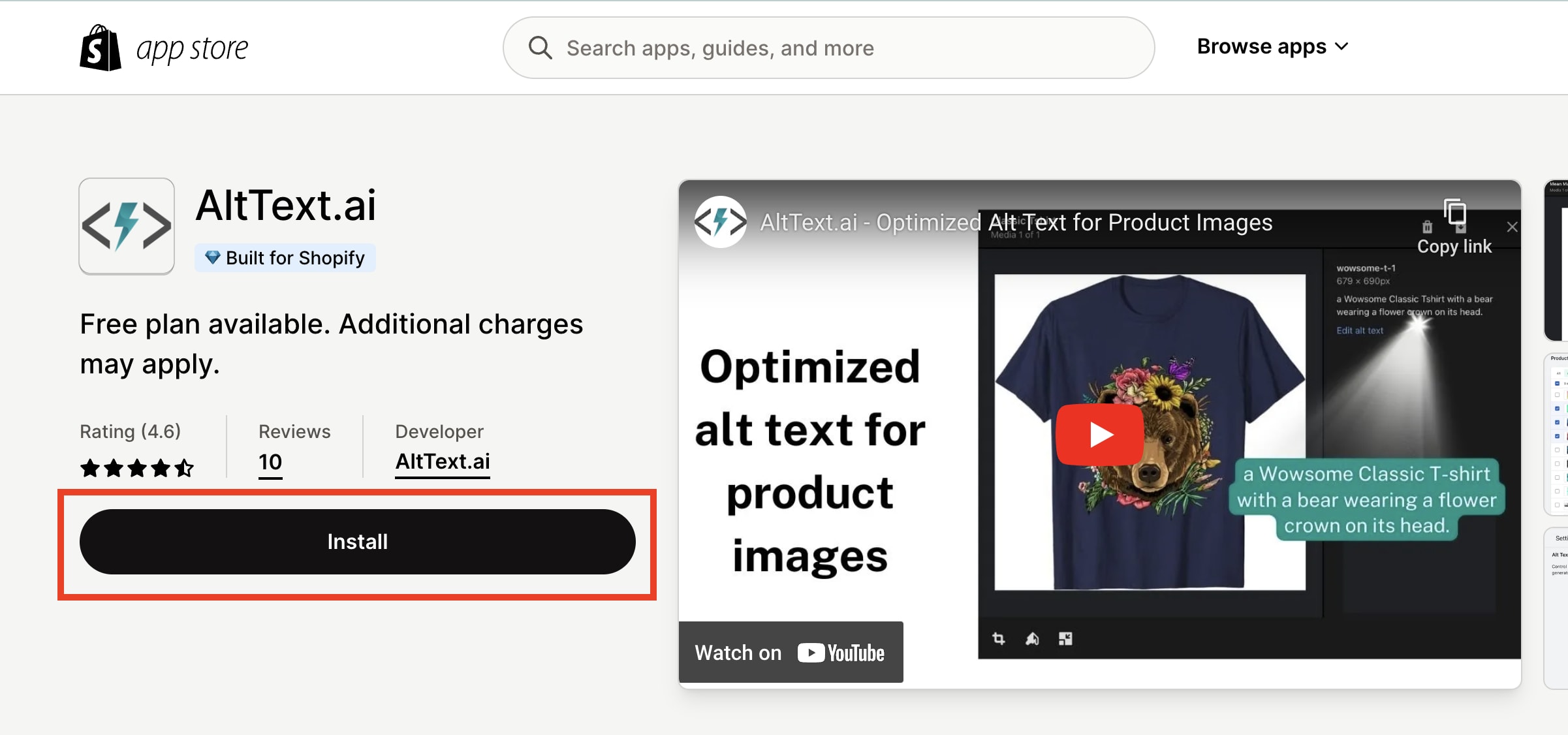 Screenshot of AltText.ai Shopify app listing.