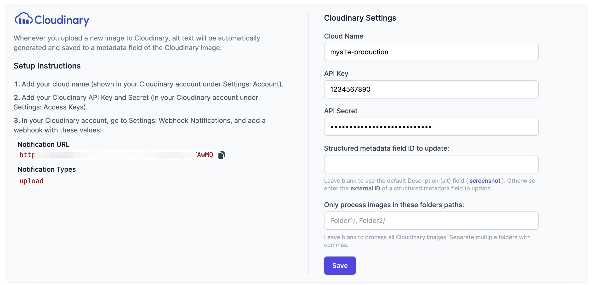 Integration settings for Cloudinary