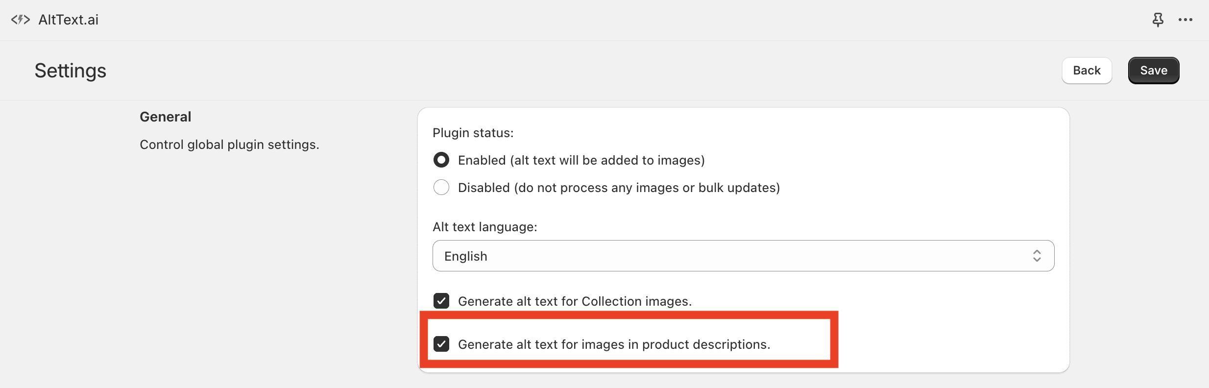 Shopify App settings for product descriptions.