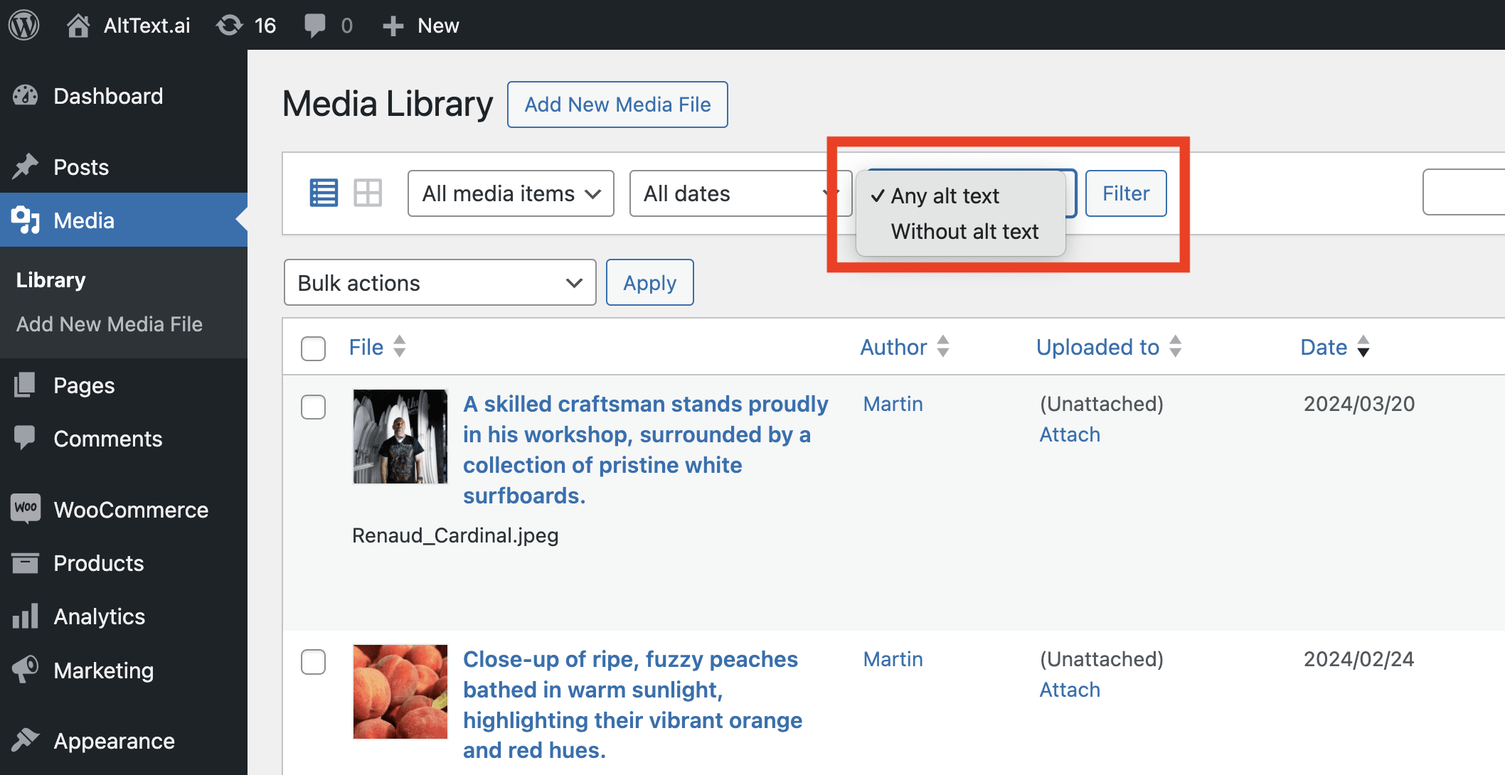 Filtering the WordPress media library based on alt text