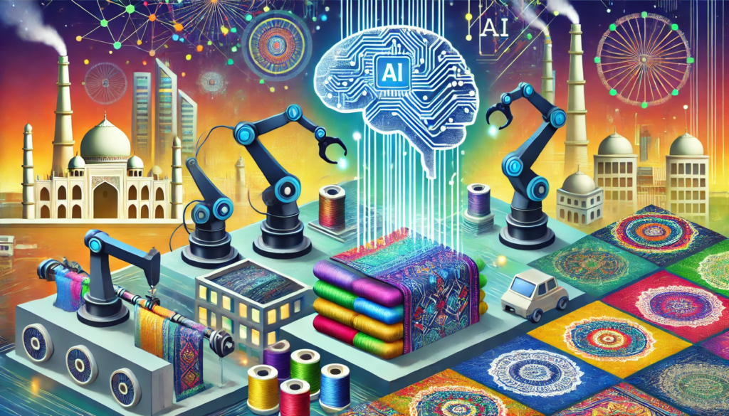 Textile Industry with AI Tools 1 AI tools into Bangladeshs textile industry. The image features a futuristic t