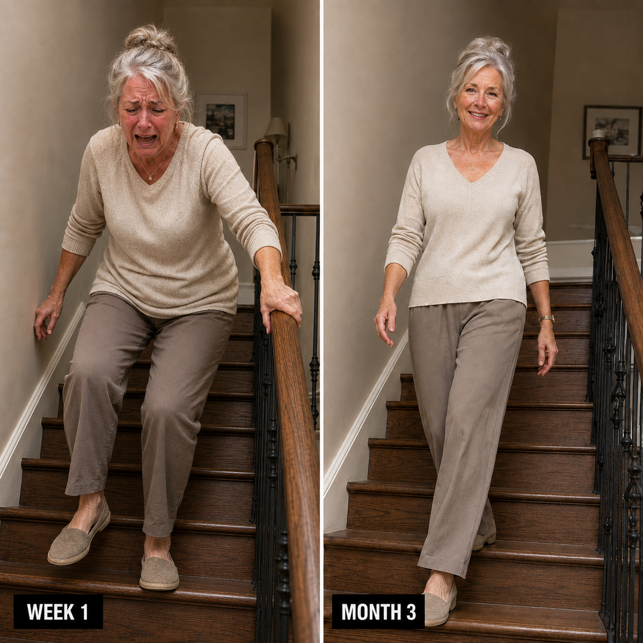 The same staircase, twelve weeks apart