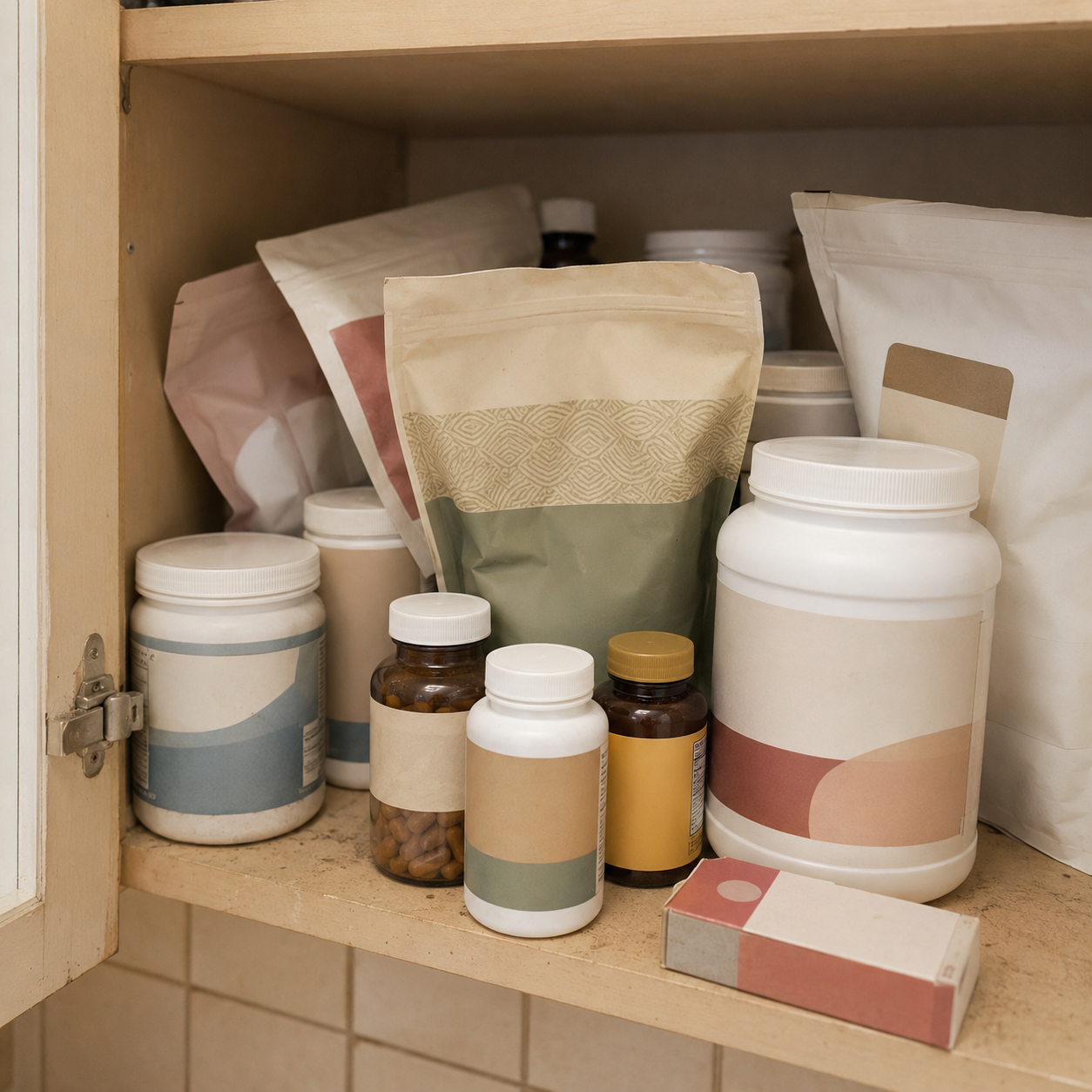 A cabinet shelf of collagen and joint supplements