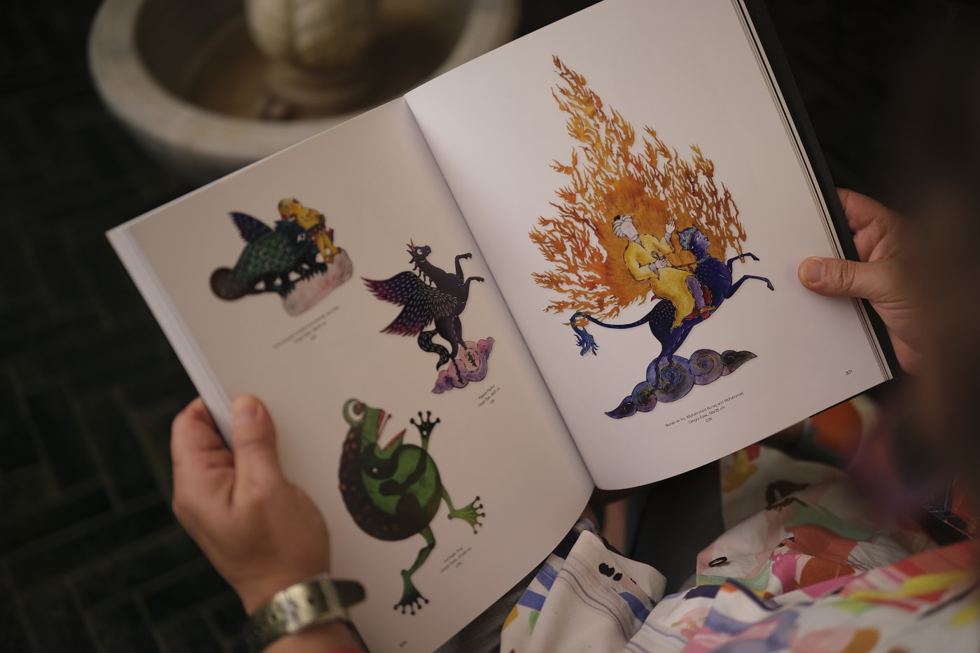Pages from the master's book showing a rider in flames and other figures