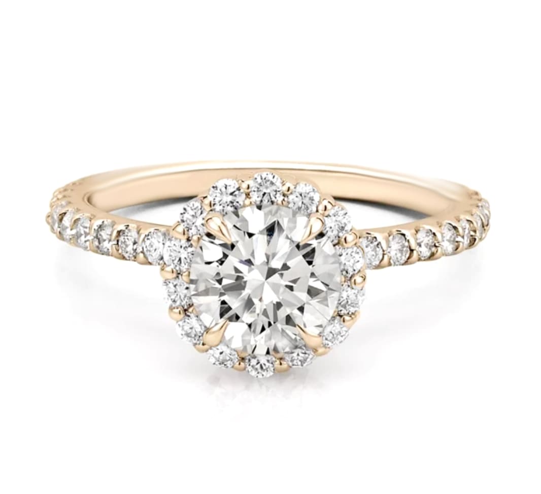 Round Diamond Halo Pave Gold Engagement Ring