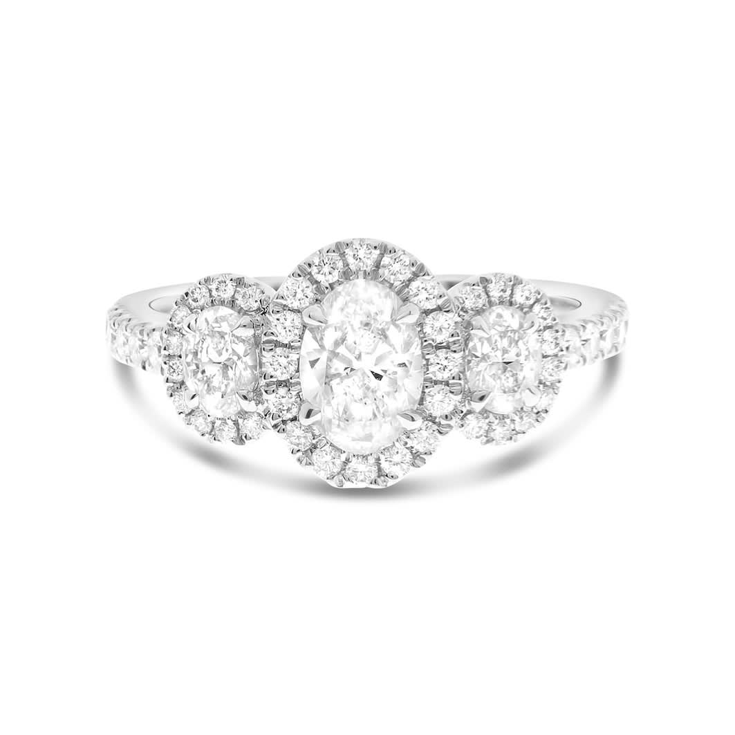 Oval Halo Three Stone Ring