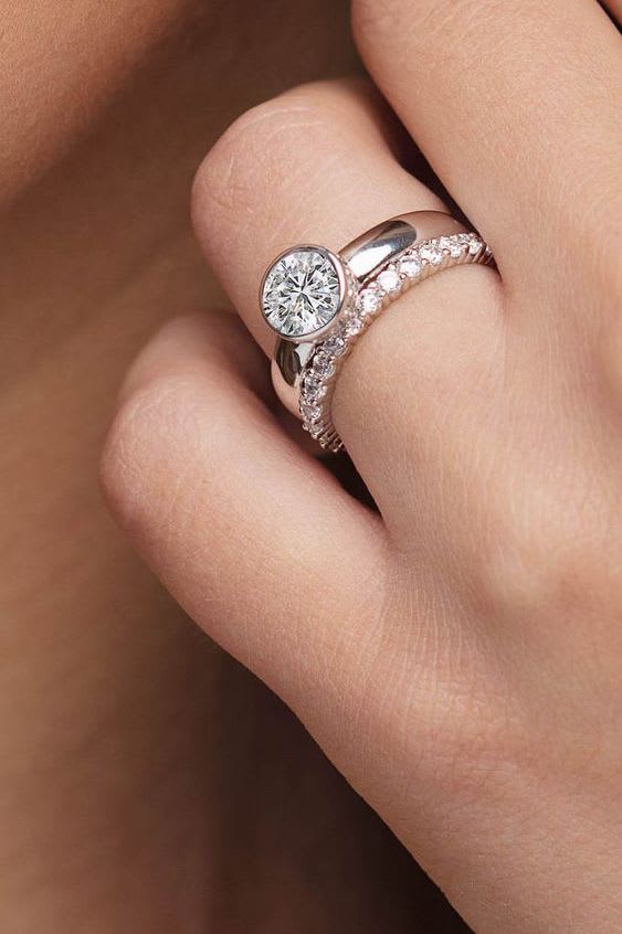 Round Diamond Bezel Rub-Over White Gold Ring - Image 4