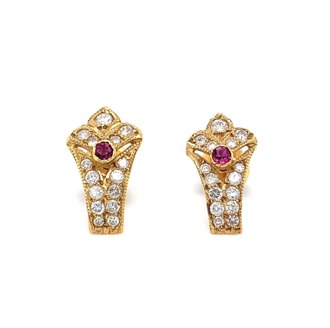 Amellas jewellery London Ruby and diamonds art deco stud earrings 18k yellow gold