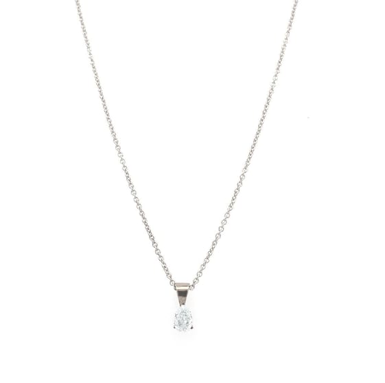 Blue diamond pear shaped solitaire pendant necklace 18k white gold