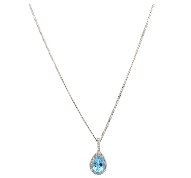 Aquamarine and diamond halo pendant necklace white gold