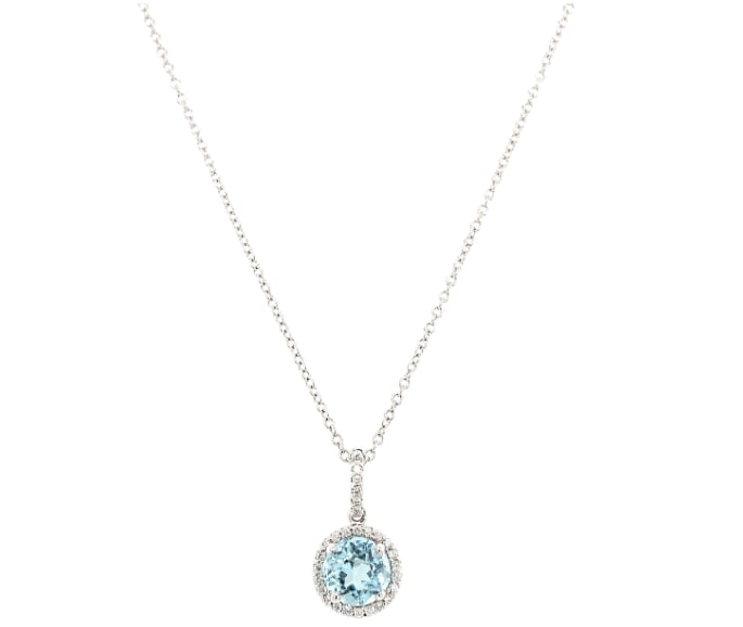 aquamarine and diamond halo pendant 18k white gold
