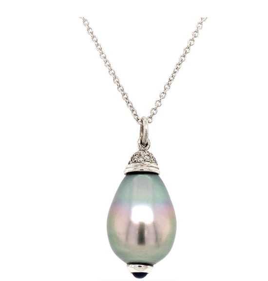 Diamond and Tahitian pearl pendant necklace 18k white gold - Image 4