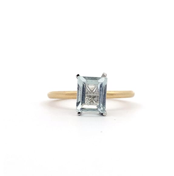 Aquamarine emerald solitaire engagement ring 18k gold