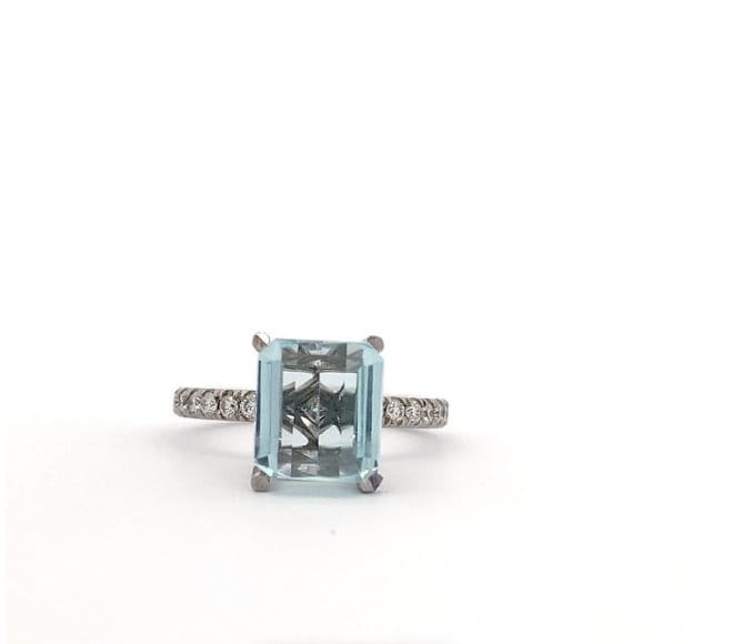 Aquamarine emerald engagement ring 18k white gold