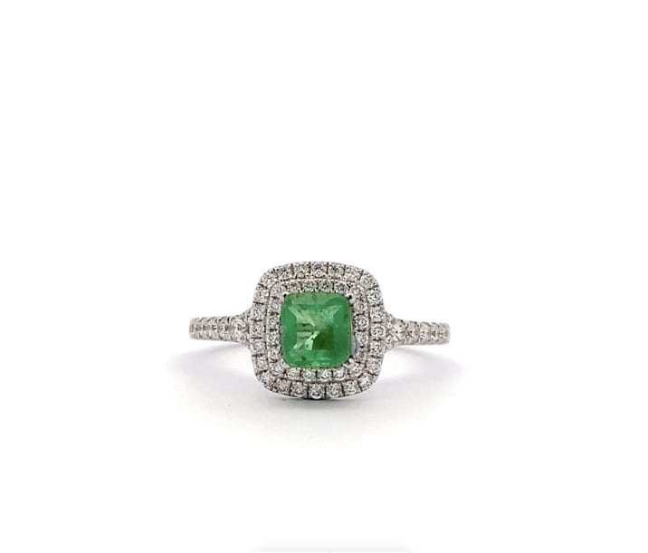Emerald and diamond double halo engagement ring 18k white gold