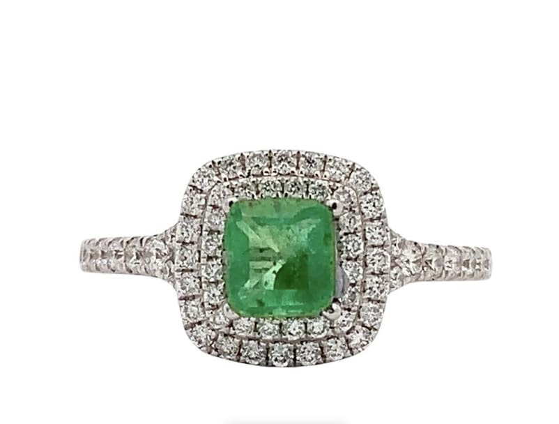 Emerald and diamond engagement ring 18k white gold