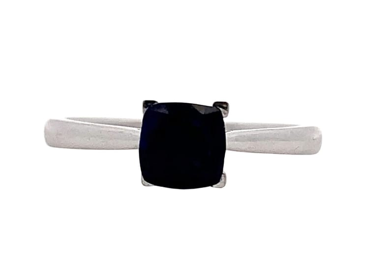 Sapphire navy blue solitaire engagement ring 18k white gold cushion cut