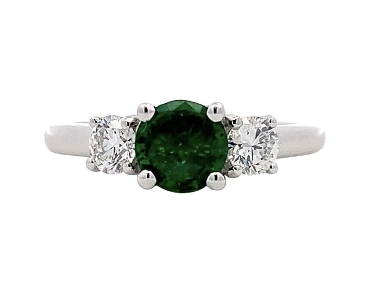 colombian emerald and diamonds trilogy engagement ring 18k white gold