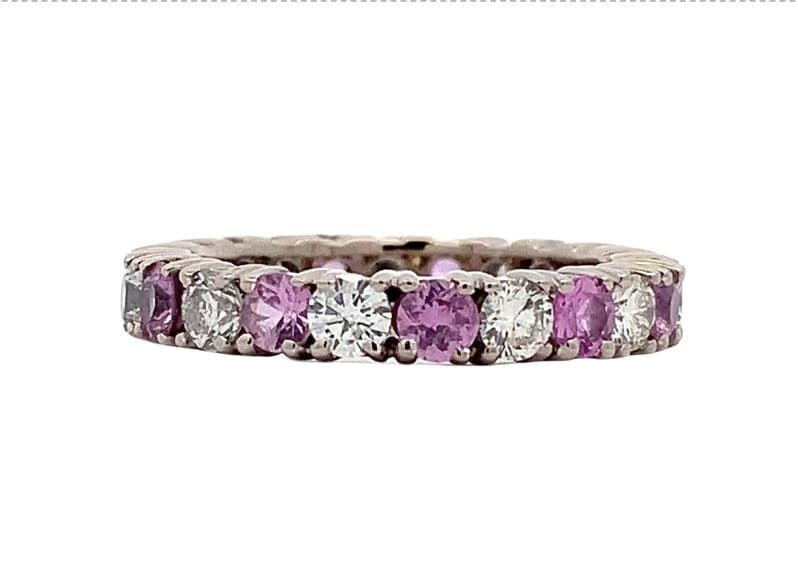 Pink sapphire and diamond eternity wedding ring 18k white gold