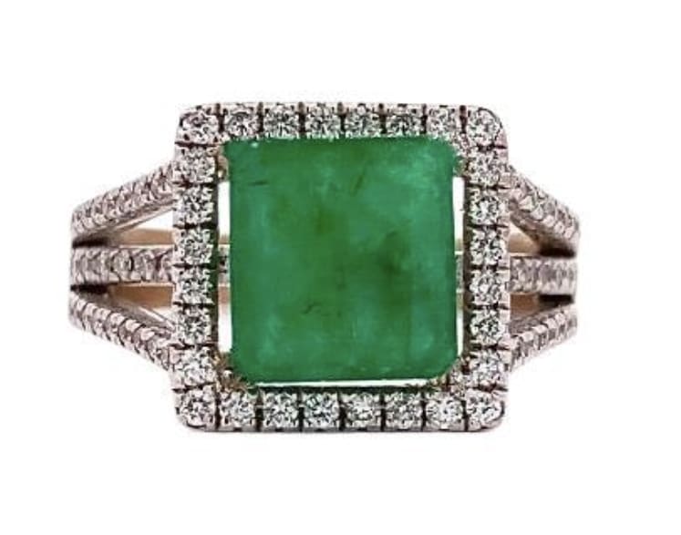 Green emerald and diamond halo split large engagement ring 18k white gold