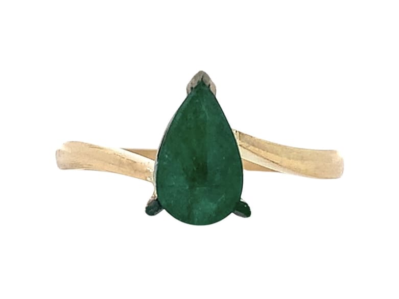 Discover the allure of this stunning green emerald teardrop pear cut ring engagement ring, designed to captivate and inspire. The vibrant emerald pear shaped green gemstone is elegantly set in a sleek band twisted style, making it a perfect statement piece for any occasion. Whether you're dressing up for a special event or adding a touch of elegance to your everyday look, this ring is sure to turn heads. Green emerald pear cut total 1.60ct in 18k yellow gold. Accompanied by valuation. Discover the beauty of this elegant emerald teardrop ring, designed to make a statement. The stunning green gemstone is set in a sleek twist gold band, creating a perfect blend of modern sophistication and timeless charm.