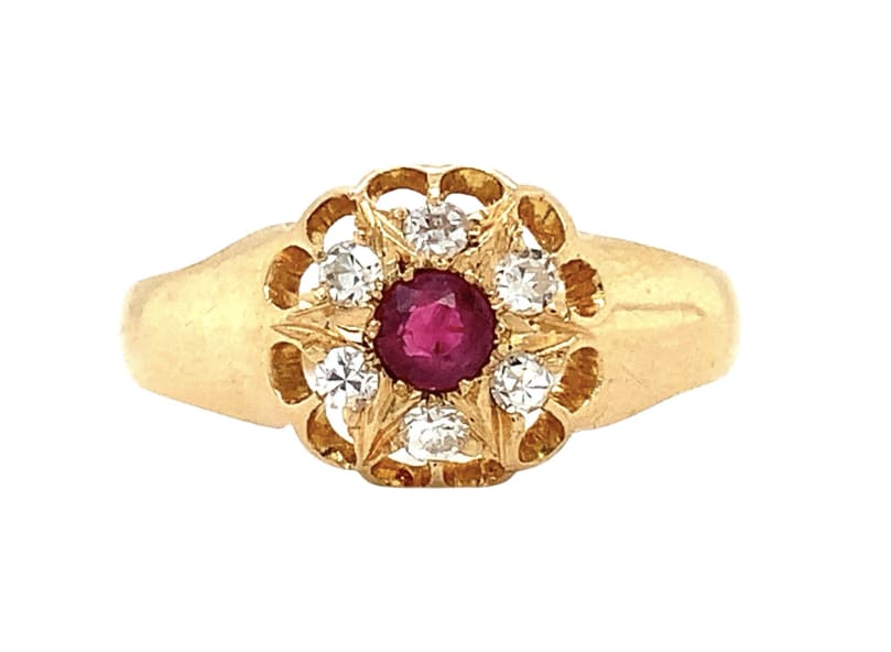 Ruby and diamond antique ring 18k yellow gold