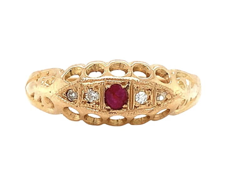 This beautiful antique engagement ring features a stunning 0.25ct ruby and diamond combination set in 18k yellow gold. The ring boasts a pavé setting style with a round main stone shape and a pink colour intensity. It has a total carat weight of 0.25 and is accompanied by a valuation certification. 0.25ct Ruby and diamond antique engagement ring 18k yellow gold. Antique engagement ring in 18ct yellow gold Ruby natural untreated total weight 0.10ct Diamonds total weight 0.15ct G colour VS2 clarity Hallmarked The ring can be resized Box and valuation included The ring is perfect for engagement occasions and is designed with women in mind. It has a band width of no and is available in ring size N 1/2. The secondary stone is a diamond with a fancy coloured diamond intensity and a very slightly included (VS2) clarity grade. This ring is a must-have for individuals who appreciate vintage and antique jewellery.
