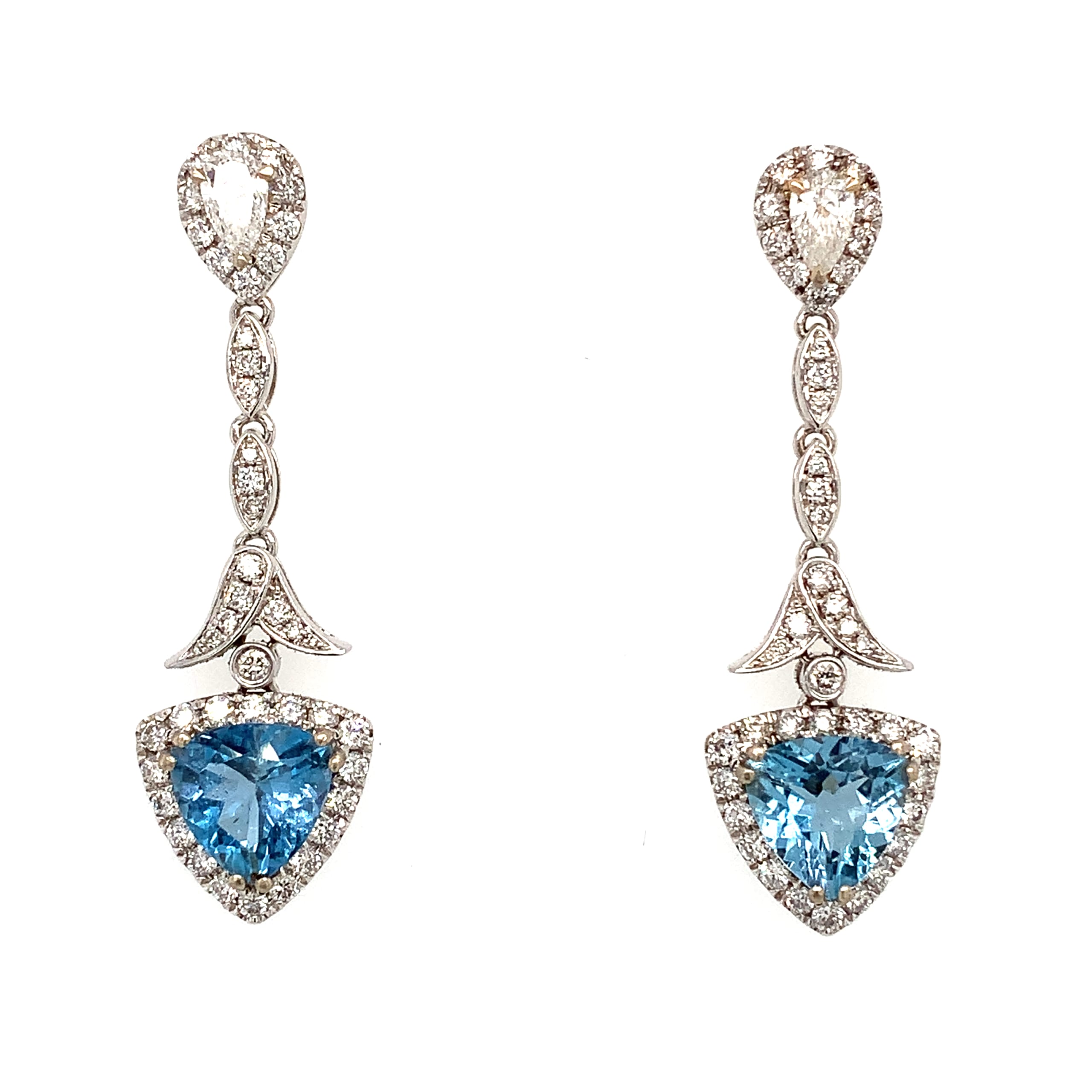 Aquamarine trillion and diamond drop earrings