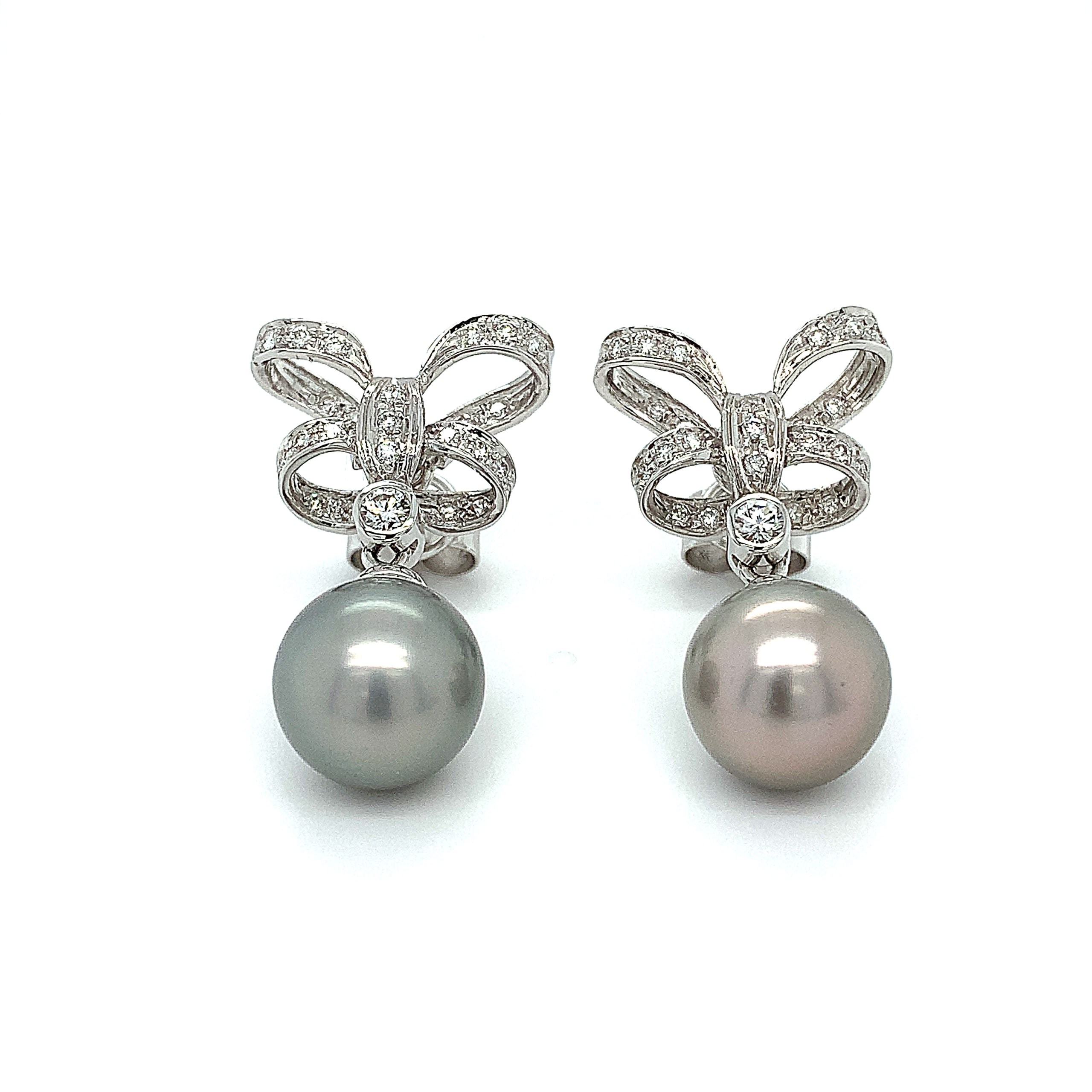 Diamond and grey Tahitian pearls drop earrings 18k white gold