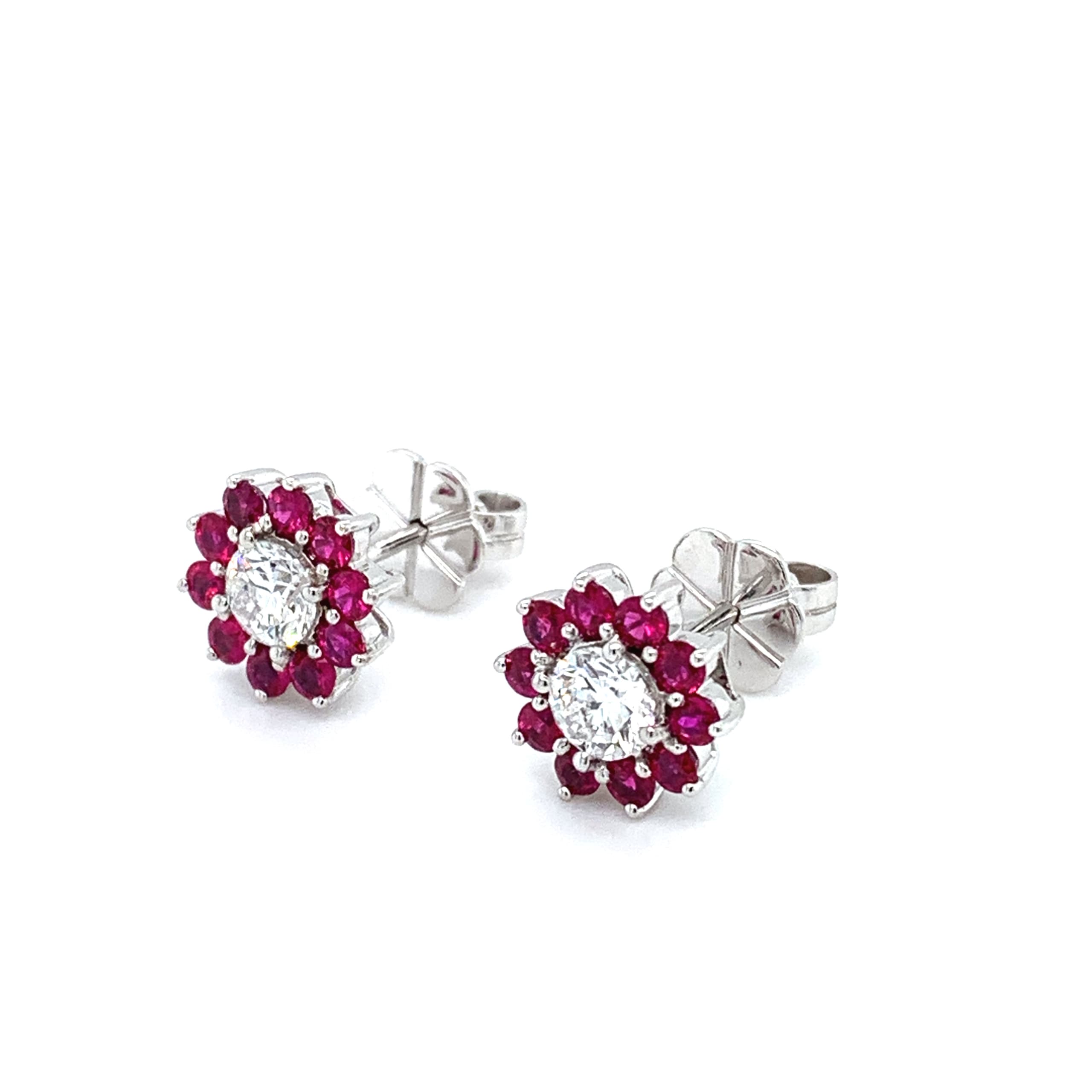 Diamond and ruby art deco stud earrings 18k white gold - Image 3