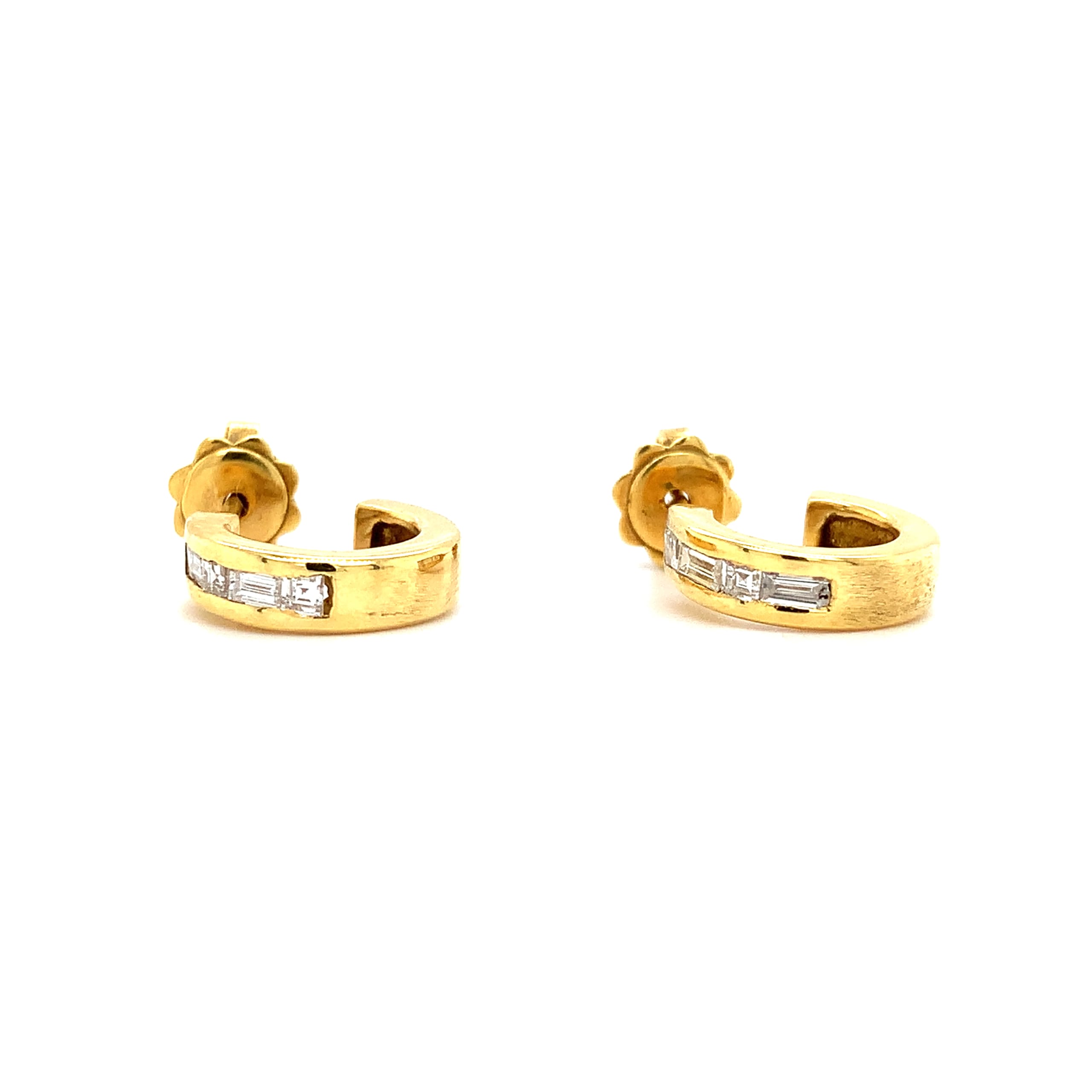 diamond baguette hoop huggie half moon earrings18k yellow gold