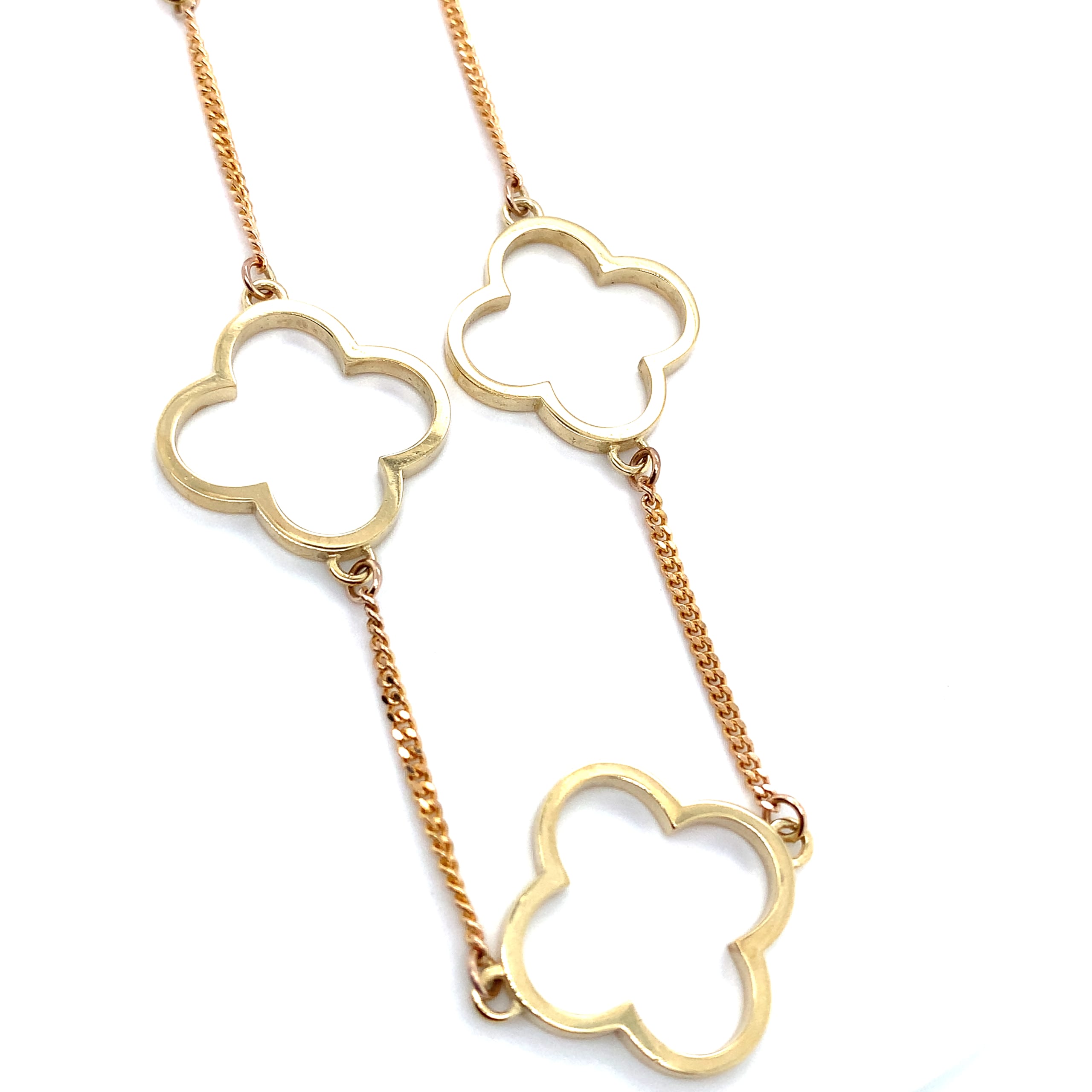 Clover shaped drop dangle earrings yellow gold