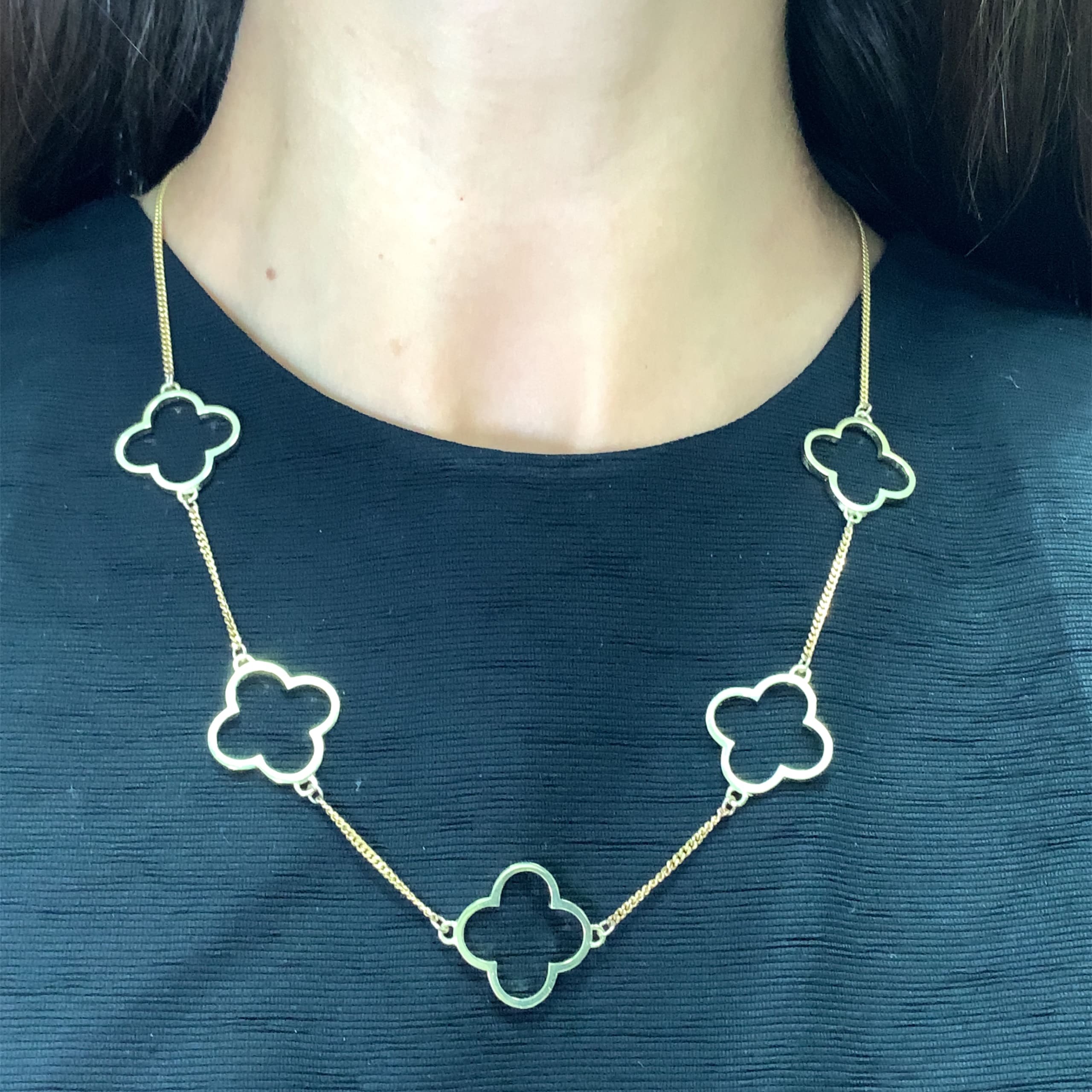 Clover shaped drop dangle earrings yellow gold